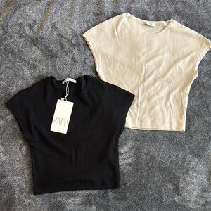 Zara Women's Black and Cream Crop Tops